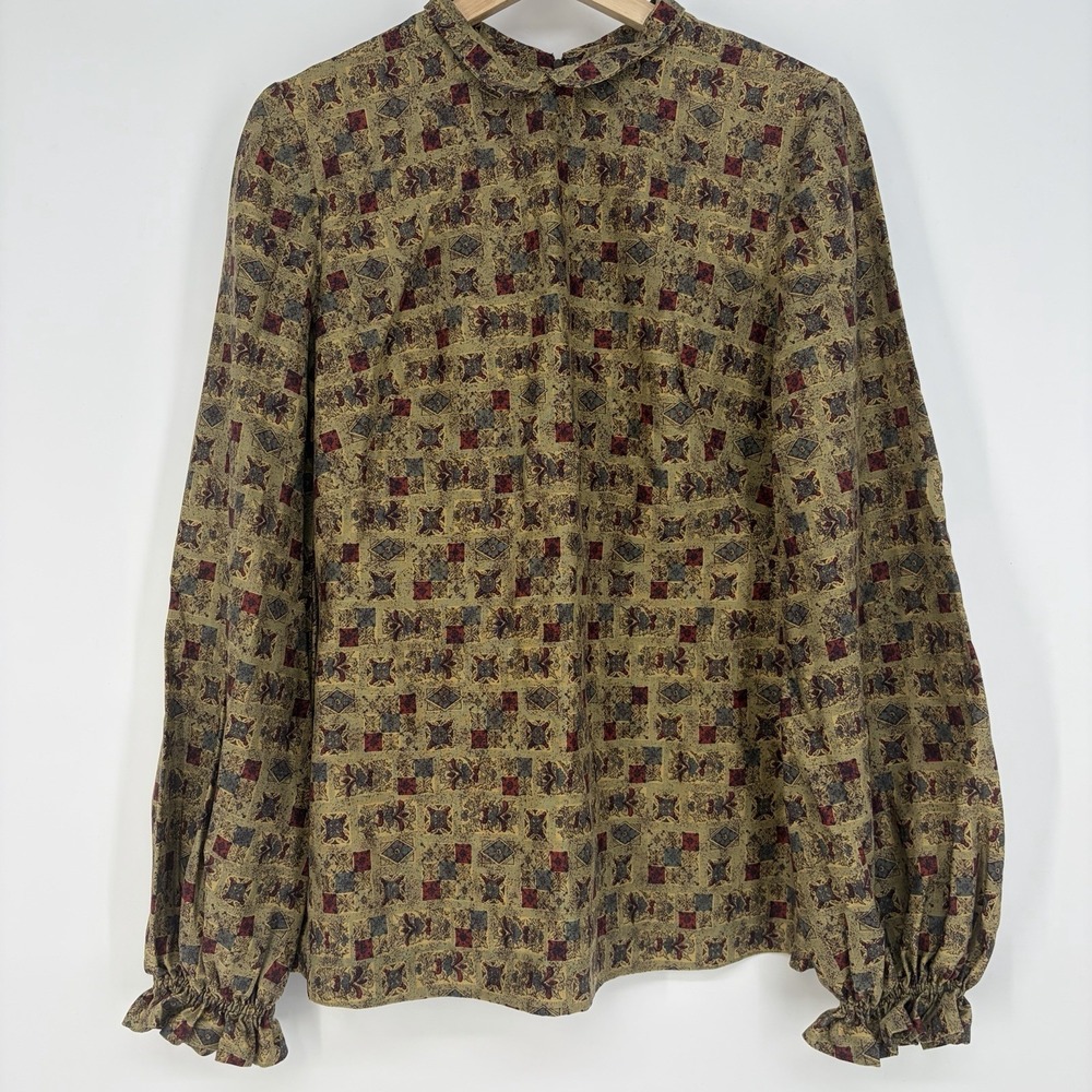 Vintage M /‎ L Blouse Geo Print Button-Up Long Balloon Sleeve Womens Top Darts
